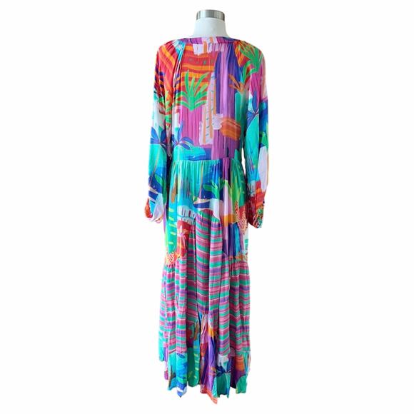 Colorful Maxi Dress Oversized V-Neck Long Sleeves Tropical Bold Print Small NEW - Picture 2 of 7